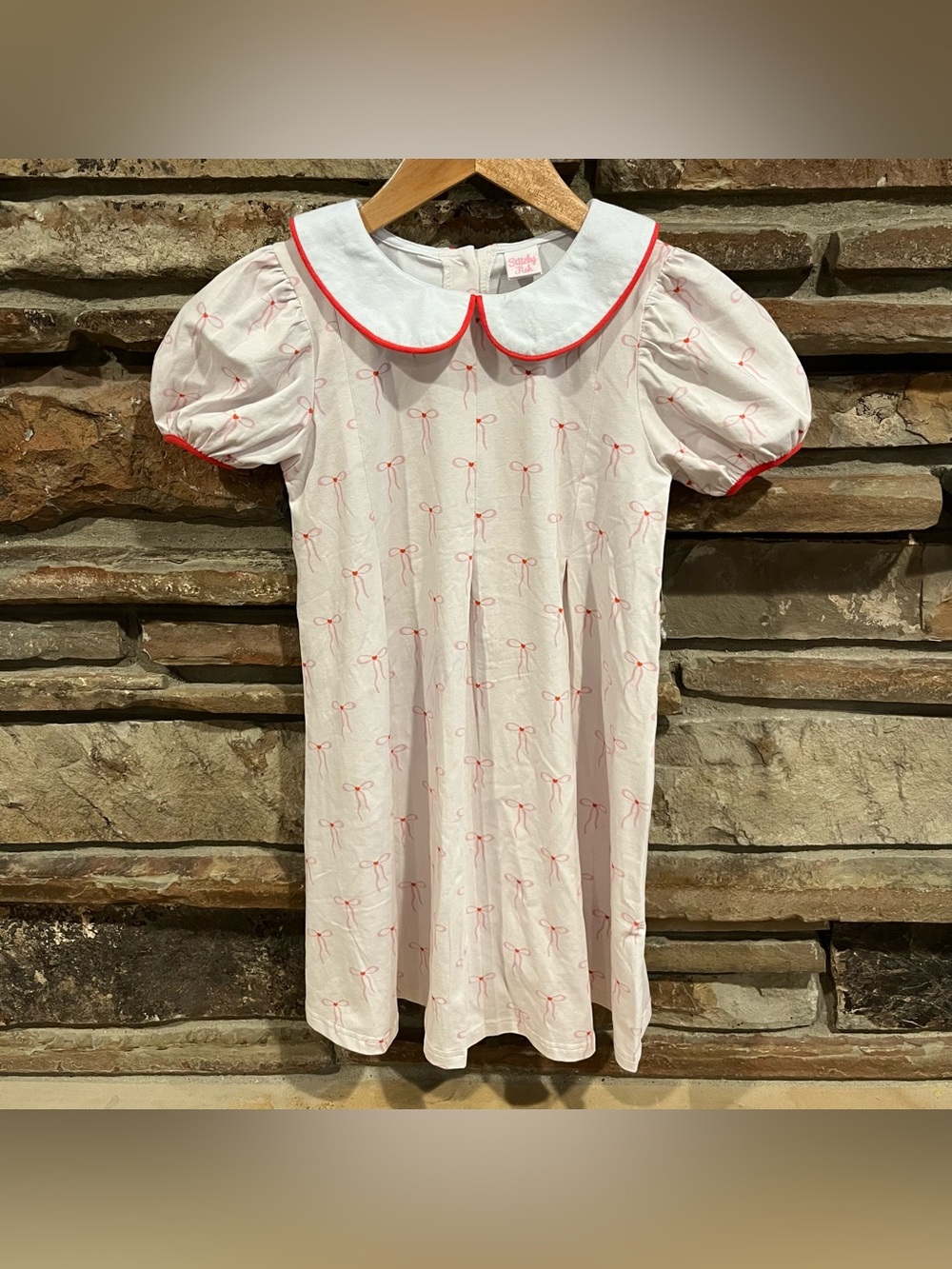 Stitchy Fish White Peter Pan Collar Dress with Pink Bow Print